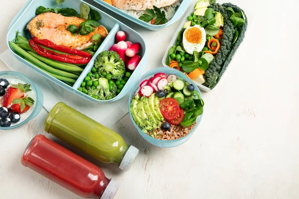 Different Types Healthy Meals Containers Takeout Food Menu Top View — Stock Photo, Image