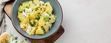 Beyaz arka planda bir tabakta patates, yumurta, yeşil soğan ve mayonez salatası. Kopyalama alanı olan Panorama