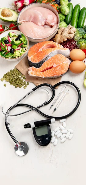 Top Widok Zdrowej Żywności Płycie Stetoskopem Diety Cholesterolu Kontroli Cukrzycy — Zdjęcie stockowe