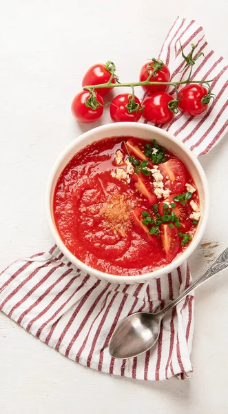 Soupe Tomates Sur Table Blanche Vue Sur Dessus — Photo
