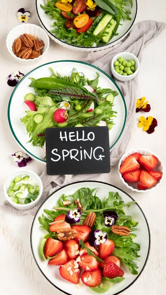 Delicious Spring Salads Edible Flowers Vegetables Fruit Microgreens Cheese White — Stock Photo, Image
