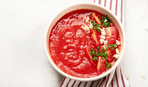 Soupe Tomates Sur Table Blanche Vue Sur Dessus — Photo