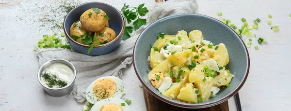 Σαλάτα Πατάτες Αυγά Πράσινα Κρεμμύδια Και Μαγιονέζα Ένα Πιάτο Λευκό — Φωτογραφία Αρχείου