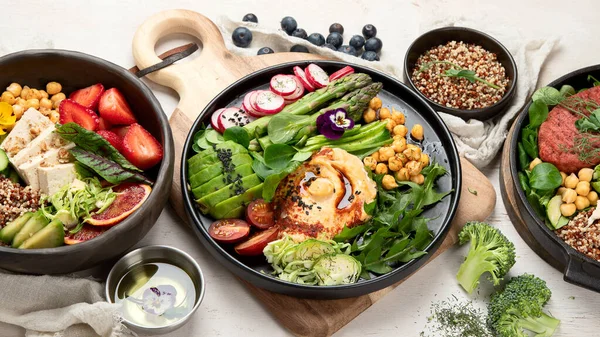 Salate Vegetariene Vegane Sănătoase Bowls Buddha Vitamine Antioxidanți Proteine Fundal — Fotografie, imagine de stoc