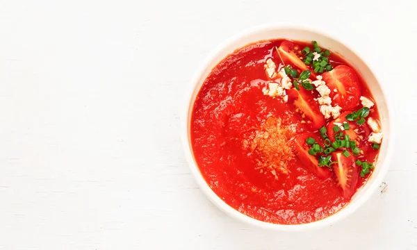 Tomatensuppe Auf Weißem Tisch Draufsicht Kopierraum — Stockfoto