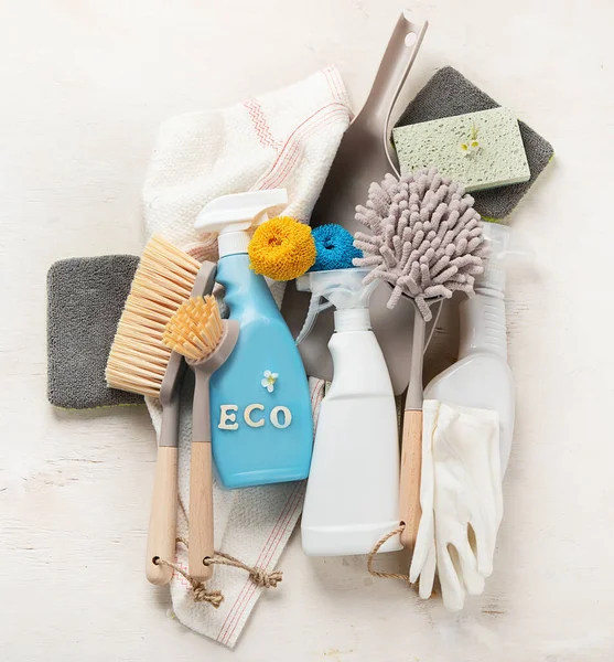 Eco Brushes Cleaning Products Light Background Eco Cleaner Concept Top — Stock Photo, Image