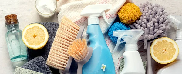 Eco Brushes Cleaning Products Light Background Eco Cleaner Concept Top — Stock Photo, Image