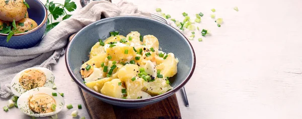 Beyaz arka planda bir tabakta patates, yumurta, yeşil soğan ve mayonez salatası. Kopyalama alanı olan Panorama