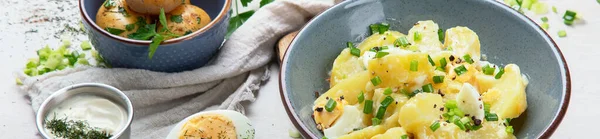 Salade Van Aardappelen Eieren Groene Uien Mayonaise Een Bord Een — Stockfoto