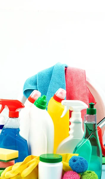 Schoonmaakmiddelen Flessen Rubberen Handschoenen Reinigingsspons Schoonmaakmiddelen Ophalen Huishoudelijk Concept — Stockfoto