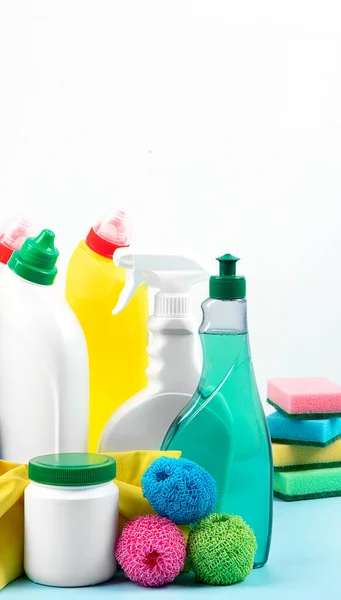 Cleaning Products Bottles Rubber Gloves Cleaning Sponge Cleaning Supplies Collection — Stock Photo, Image