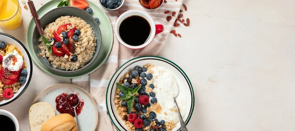 Τραπέζι Πρωινού Υγιεινό Πρωινό Brunch Set Ποικιλία Γευμάτων Granola Χυλό — Φωτογραφία Αρχείου