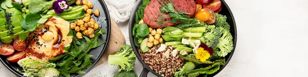 Egészséges Vegetáriánus Vegán Saláták Buddha Tálak Vitaminokkal Antioxidánsokkal Fehérjével Könnyű — Stock Fotó