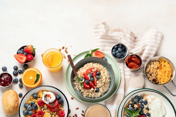 Mesa Desayuno Desayuno Saludable Conjunto Brunch Variedad Comidas Con Granola — Foto de Stock