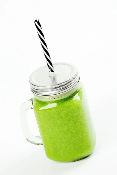 Healthy Green Smoothie Jar Mug White Background — Stock Photo, Image