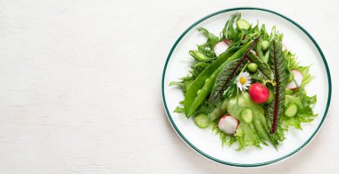 Vitamin bahar salatası. Taze sebze ve bitki salatası. Sağlıklı beslenme kavramı. Bağışıklık için vitaminler. Beyaz arka planda vejetaryenler için yiyecek. Üst Manzara. Kopyalama alanı olan Panorama.