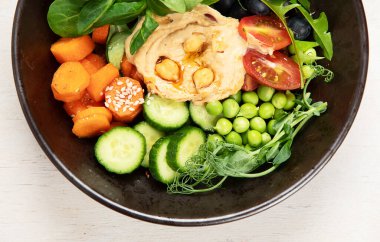 Vejetaryen yemeği, beyaz arka planda sağlıklı beslenme. Üst Manzara, Panorama, Pankart