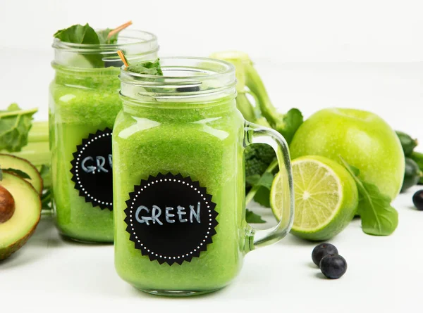 Healthy Green Smoothie Jar Mug White Background — Stock Photo, Image