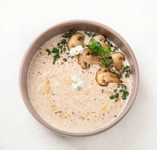 Mantar Kremalı Çorba Sağlıklı Vejetaryen Yemeği Üst Görünüm — Stok fotoğraf