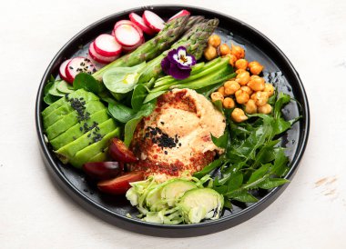 Sağlıklı vejetaryen, vitaminli vegan yemeği, antioksidan, protein, arka planda lif. Üst görünüm