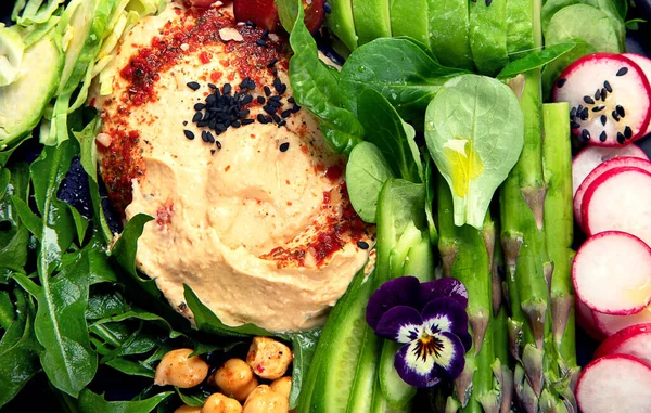 健康的な菜食主義者 ビタミンとビーガン料理 抗酸化物質 タンパク質 光の背景に繊維 トップビュー コピースペース — ストック写真