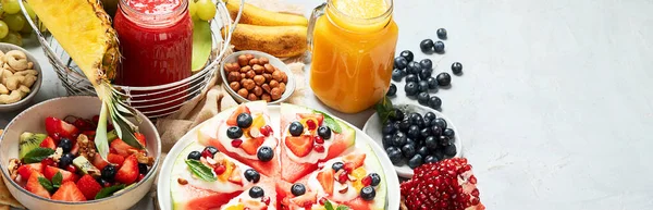 stock image Summer fruits assorted on white background. Fresh raw food concept. Copy space, panorama, banner