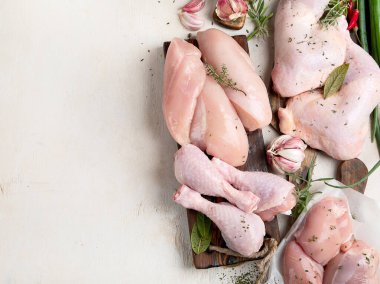 Çeşitli çiğ tavuk eti porsiyonları. Üst görünüm, alanı kopyala