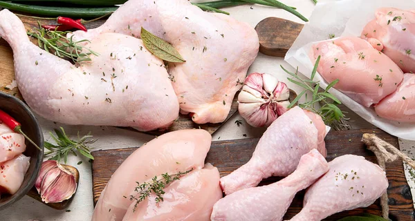 Çeşitli çiğ tavuk eti porsiyonları. Üst görünüm, alanı kopyala