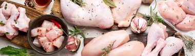 Çeşitli çiğ tavuk eti porsiyonları. Üst Manzara, Panorama, Pankart