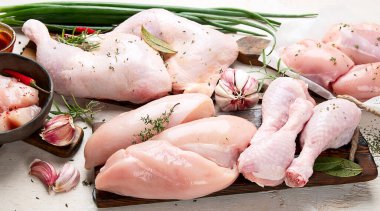 Çeşitli çiğ tavuk eti porsiyonları. 