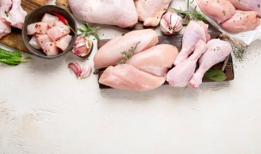 Çeşitli çiğ tavuk eti porsiyonları. Üst görünüm, alanı kopyala