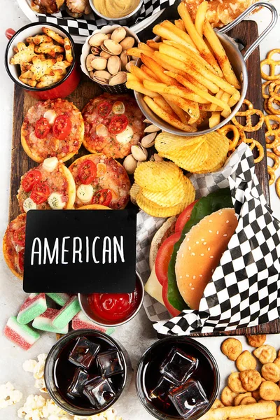 Fast Food American Food Grey Background Top View — Stock Photo, Image