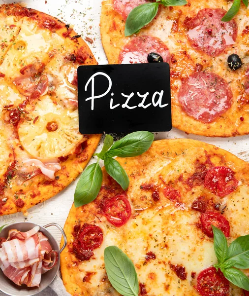Different Types Italian Pizza Light Background Top View Copy Space — Stock Photo, Image