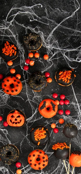Bonbons Halloween Pour Fête Halloween Sur Fond Noir Vue Dessus — Photo