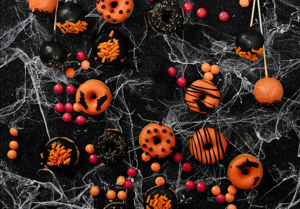 Halloween Sweets Halloween Party Black Background Top View — Stock Photo, Image