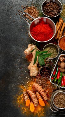 Esmer arka planda baharatlar. Farklı varius. Üst görünüm, alanı kopyala.