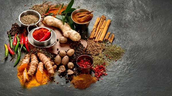 Spices Dark Background Different Varius Top View Copy Space — Stock Photo, Image