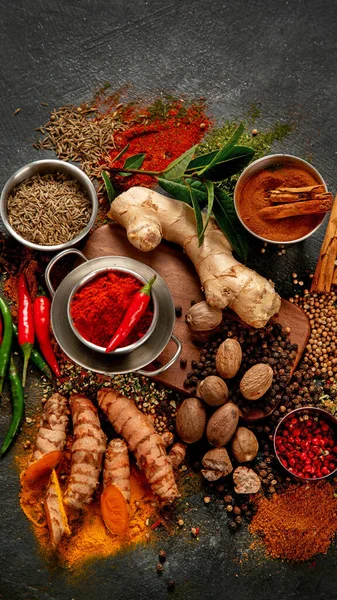 Spices Dark Background Different Varius Top View Copy Space — Stock Photo, Image