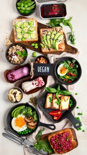 Healthy Vegan Food Mushrooms Tofu Avocado Edamame Beans Top View — Stock Photo, Image