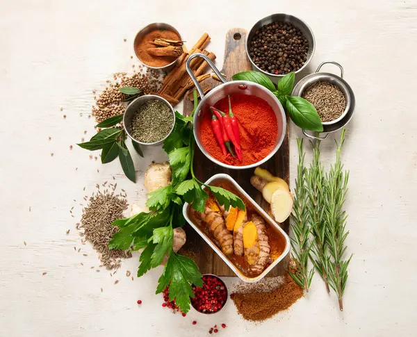 Variety Spices Herbs Light Background Top View — Stock Photo, Image