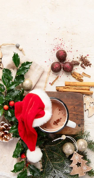 Cacau Natal Caneca Branca Com Decorações Natal Fundo Leve Feliz — Fotografia de Stock
