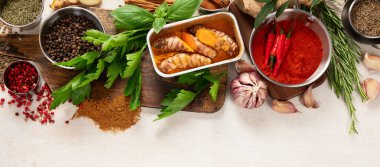 Hafif arka planda çeşitli baharatlar ve bitkiler. Üst Manzara. Kopyalama alanı olan Panorama.