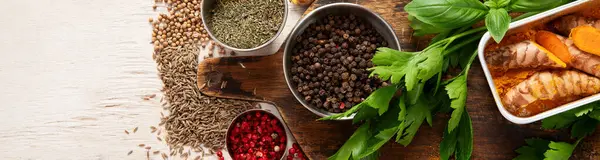 Variety Spices Herbs Light Background Top View Panorama Copy Space — Stock Photo, Image