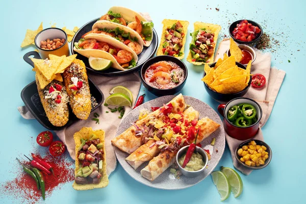 Mexican Food Many Dishes Cuisine Mexico Blue Background Top View — Stock Photo, Image