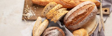 Beyaz arka planda çeşitli lezzetli taze pişmiş ekmek çeşitleri, üst manzara. Kopyalama alanı olan Panorama.