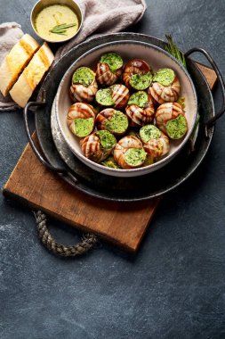 Otlu salyangozlar tereyağı, Fransız geleneksel maydanozlu yemekler ve gri arka planda ekmek. Boşluğu kopyala.