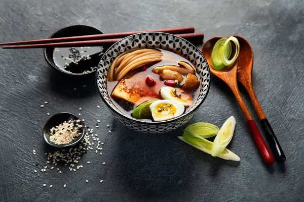 Asian Soup Egg Tofu Mushrooms Onion Black Background Traditional Food — Stock Photo, Image