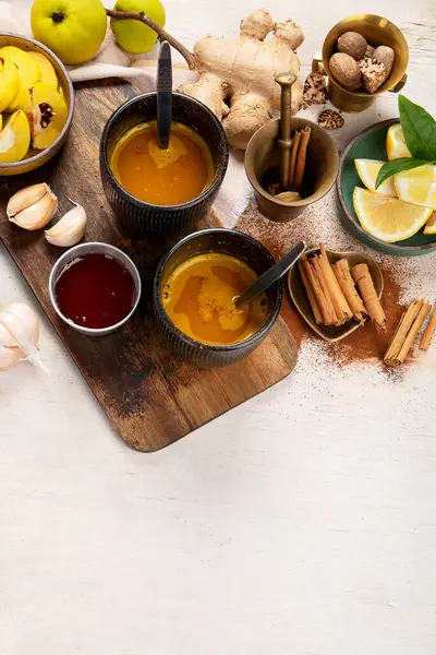 Cups Healthy Turmeric Spice Tea Ingredients Lemon Ginger Cinnamon Sticks — Stock Photo, Image
