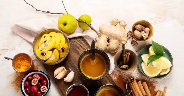 Cups Healthy Turmeric Spice Tea Ingredients Lemon Ginger Cinnamon Sticks — Stock Photo, Image