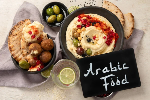 Bowl Fried Falafel Pita Hummus Dip Middle Eastern Cuisine Snack — Stock Photo, Image